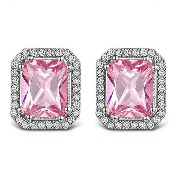 14K Two Tone Gold Pink Sapphire and Diamond Earrings  2ct Pink Sapphire Stud 1ct Diamond Earrings Womens Square Cut Radiant Large 2 ct